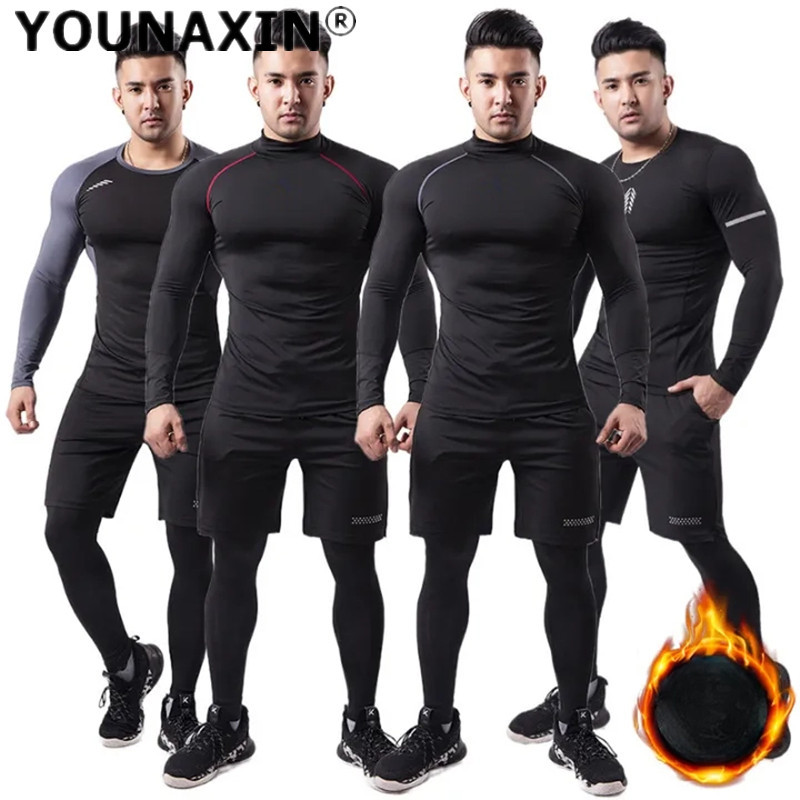 Warm Winter Clothing - 3 ピース男性ぬいぐるみ暖かいスポーツスーツサーマル T シャツ冬のトレーニングランニングショーツタイツパンツヨガベースフィットネス衣類セット
