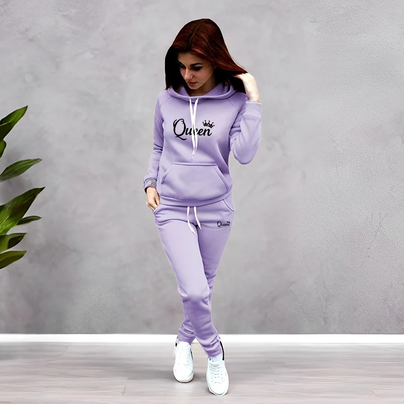 Winter Clothing - レディーストラックスーツ クイーンレタープリント フード付きスウェットシャツスーツ 高品質ジョギングウェア ファッションカジュアルパンツセット