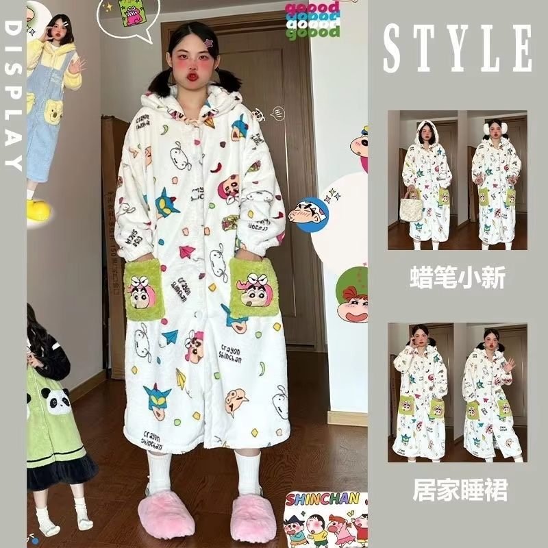 Winter Clothing Anime - かわいいアニメクレヨンしんちゃん女性のパジャマセットかわいい女の子コーラルフリースローブパジャマパンツ冬暖かい屋外フード付きホームウェア