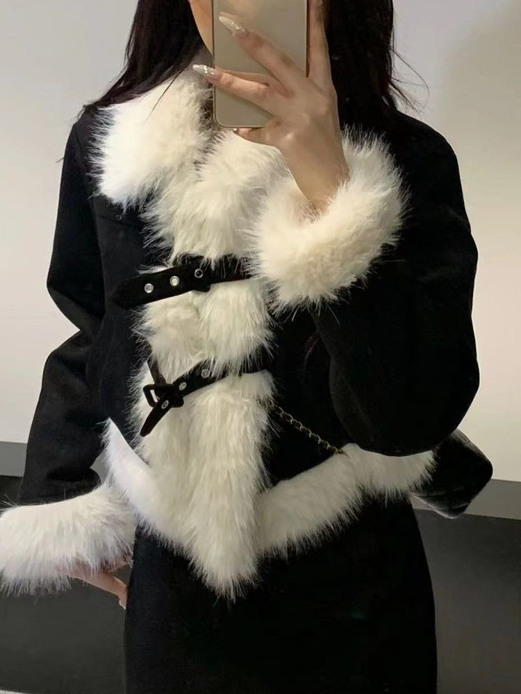 Winter Clothing Online - 韓国風ヴィンテージデザイン暖かいセットアップ レディース エレガント フェイクファーカラーコート＋ショートスカートスーツ ファッションパーティー ツーピースセット