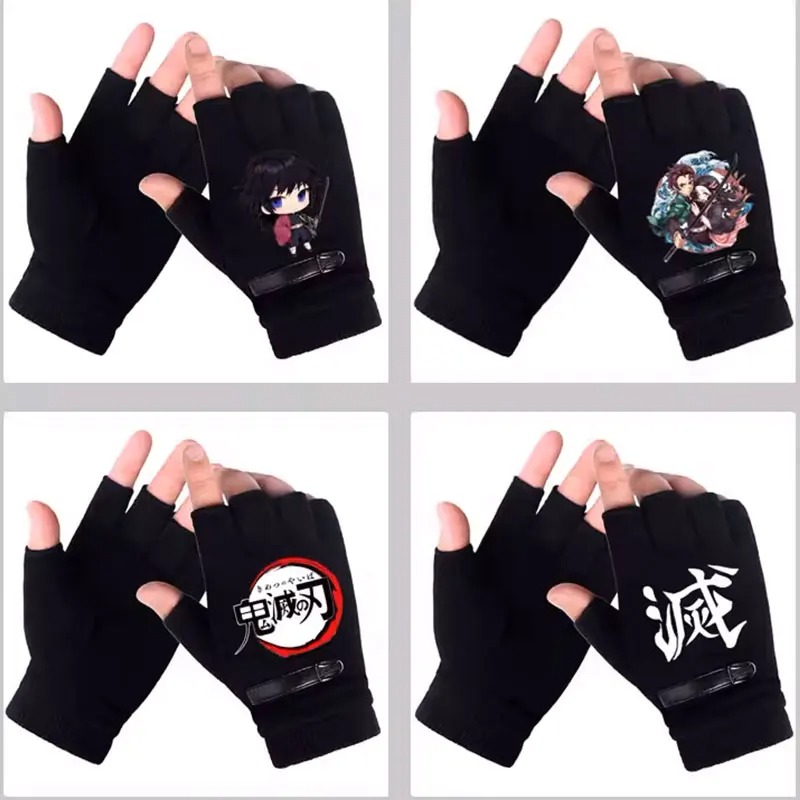 Winter Clothing Anime - アニメデーモンスレイヤー学生ハーフフィンガーグローブ新しい冬男性女性指なし暖かいニット手袋屋外自転車手袋