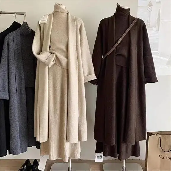 Winter Clothing Sale - 3 点セット女性ロングセーターベスト 2025 ジャンパードレス Kintted 春秋冬かぎ針編みカーディガン