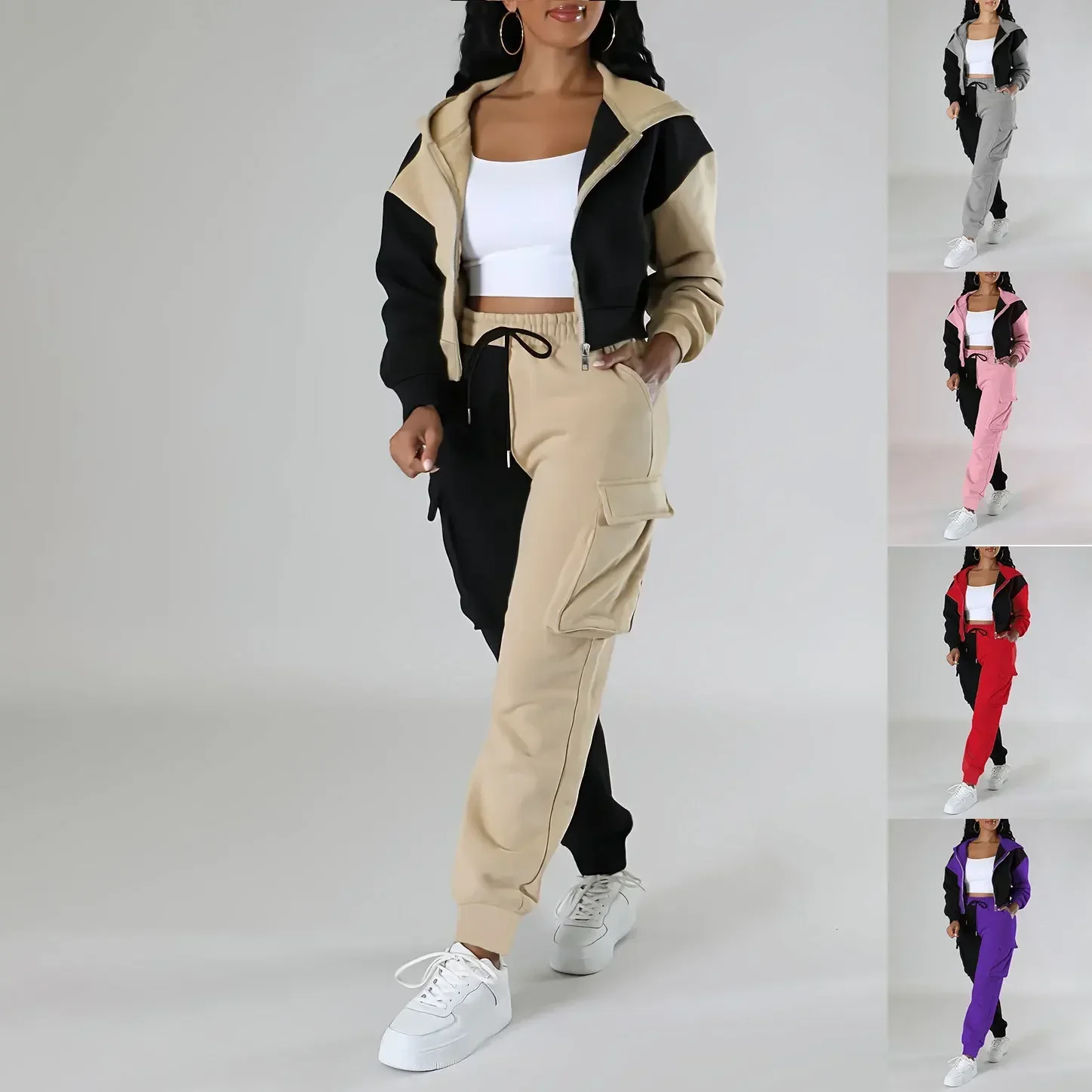 Winter Clothing Sale - 女性ルース秋冬 2 枚スーツマッチングセットパーカートラックスーツブロックジッパーショートアウター巾着カーゴパンツ