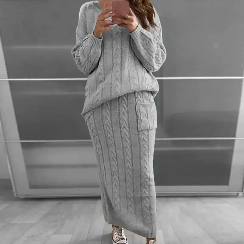 Winter Clothing Sale - セーター女性セット秋と冬のツーピースセット女性 O ネックニットセータートップスとニットスカートセット固体カジュアル暖かいドレスセット