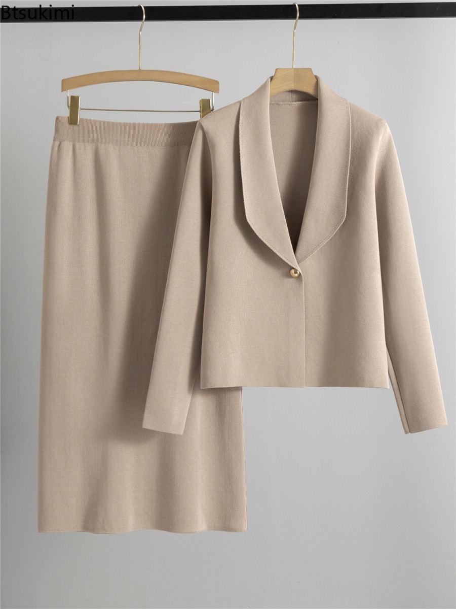 Winter Clothing Online - 秋冬ニットツーピースセット女性のファッションエレガントなカーディガンセータージャケットAラインスカートセット小さなスーツカラーセットスカート
