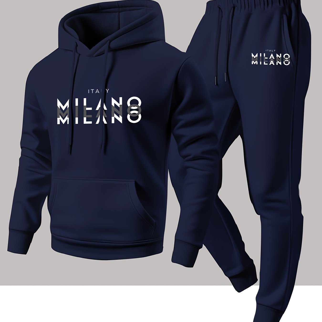Winter Clothing - トレンディなメンズイタリアンミラノレターパターンフード付きスウェットシャツとアスレチックパンツのカジュアルスポーツセット メンズ衣料セット