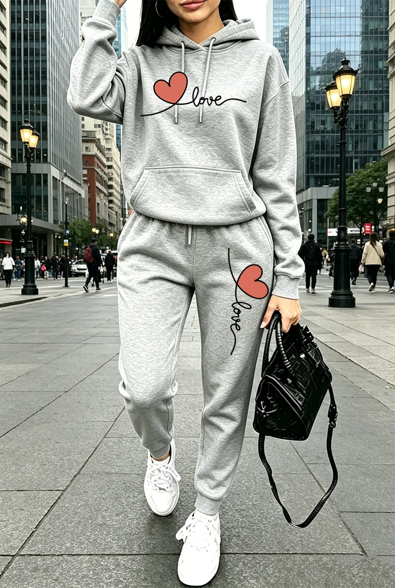 レディーストラックスーツプリントカジュアル長袖フーディスウェ - Winter Clothing のレビューと価格